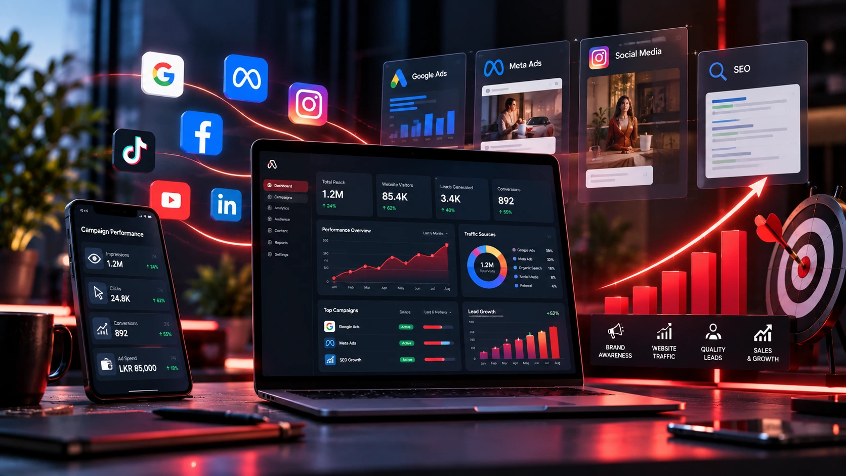 Digital marketing performance dashboard showing SEO, Google Ads and Meta Ads campaign results