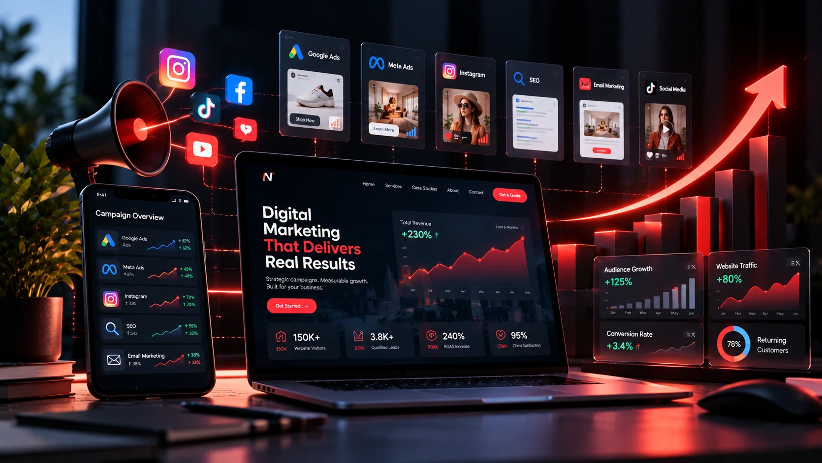 Digital marketing dashboard showing revenue growth, website traffic, leads and ROAS performance across ad platforms