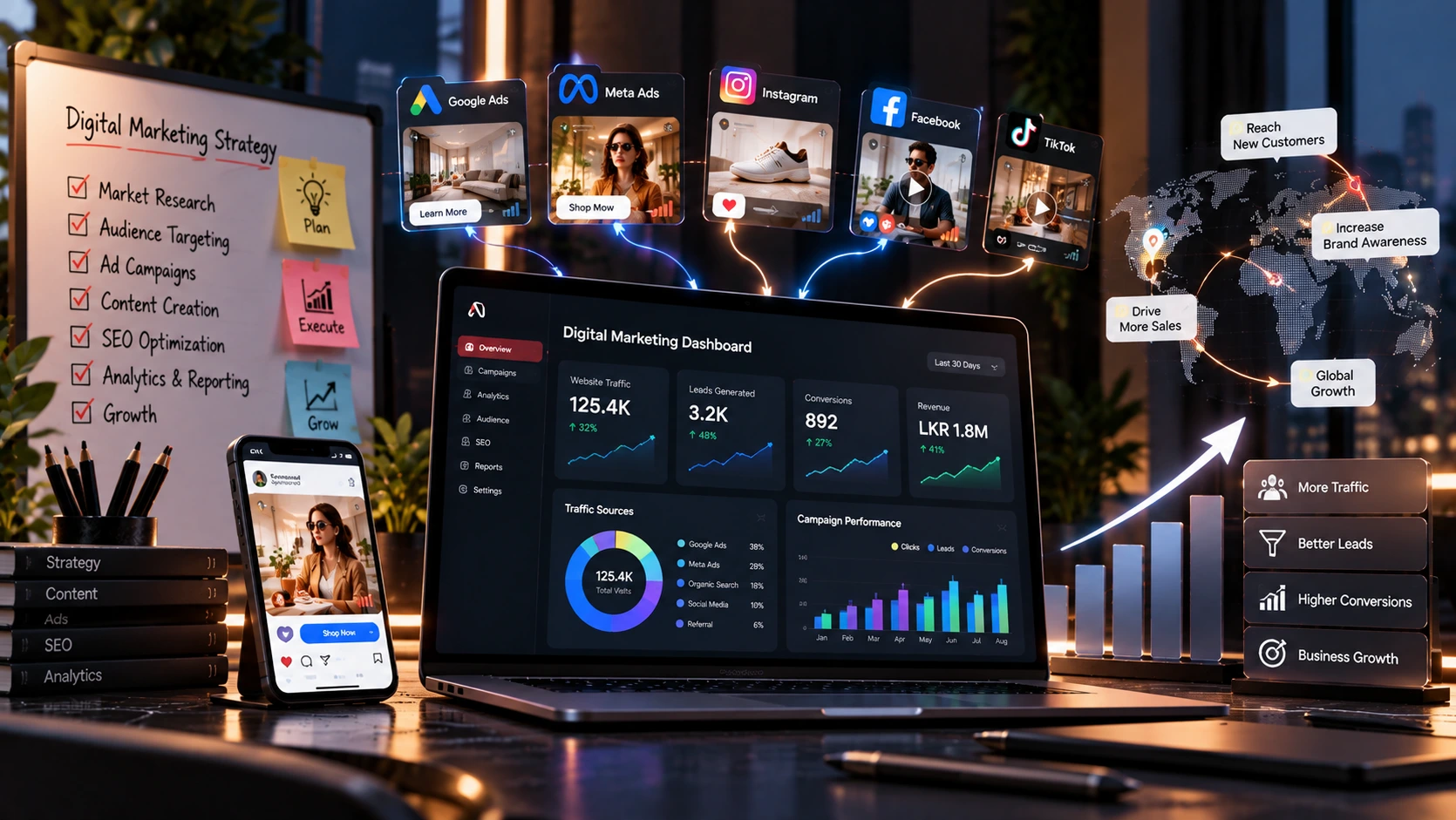 Digital marketing strategy planning board with campaign checklist alongside a live performance dashboard