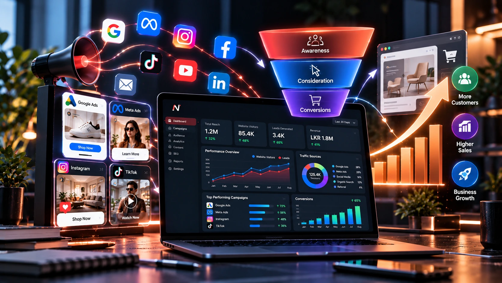 Digital marketing conversion funnel from awareness to consideration to conversions across ad platforms
