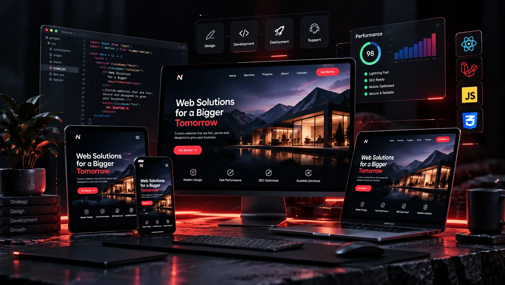 Modern, responsive websites displayed across desktop, laptop, tablet and mobile devices