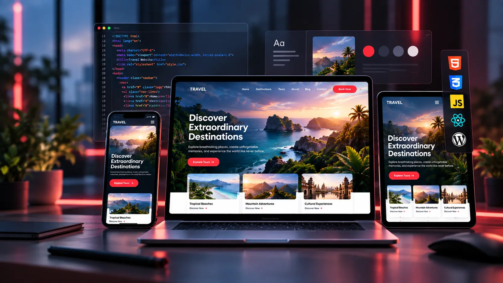Website development workflow showing code editor, design tools and a responsive site previewed across devices