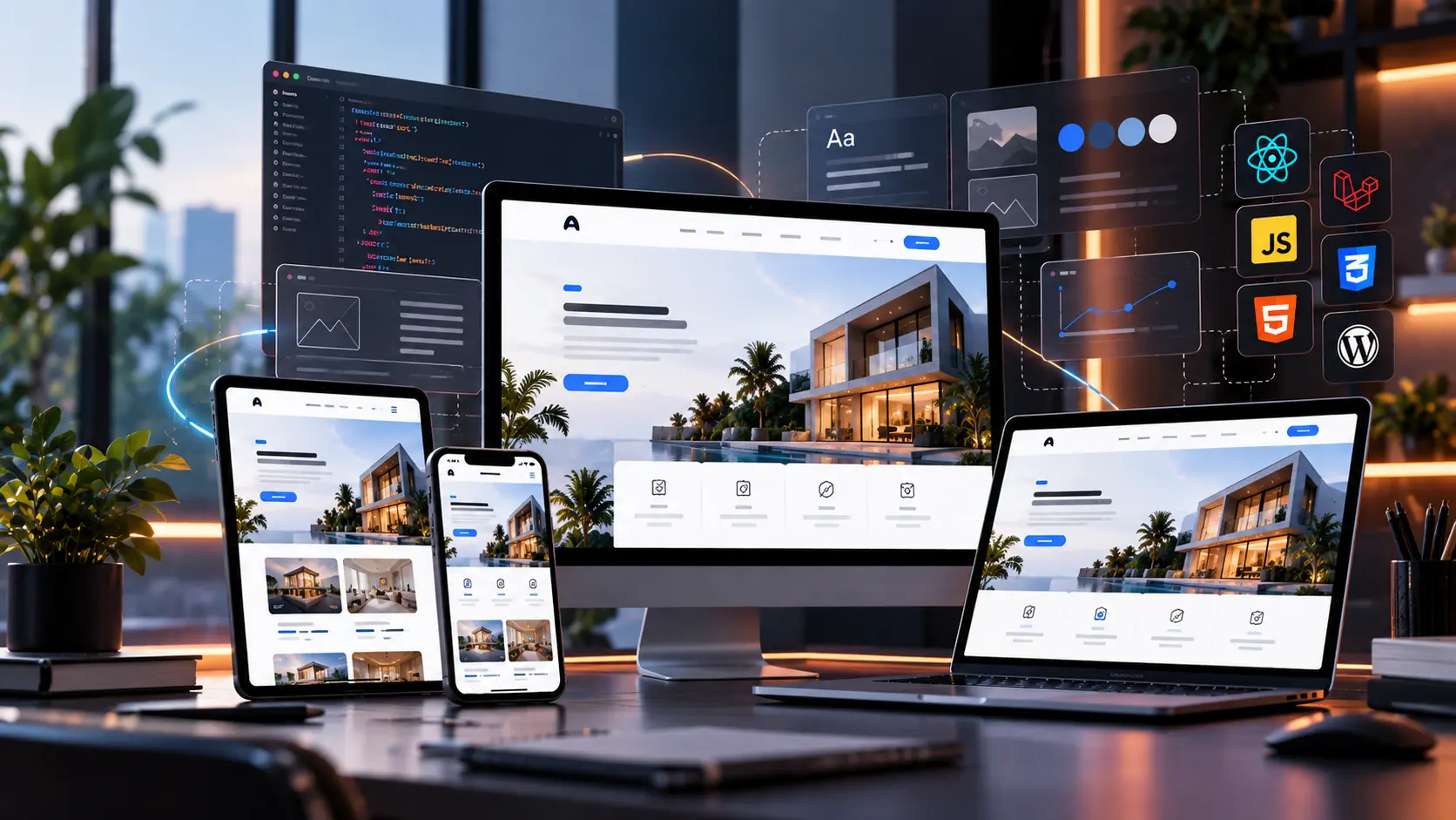 A business website displayed across desktop, laptop, tablet and mobile with development technology icons